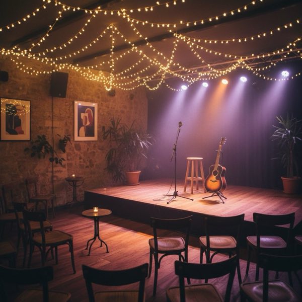 Guitarra acústica y micrófono en escenario